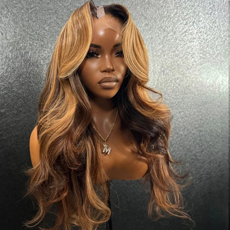 Brown #27 Blonde mix Body Wave Human Hair U Part Wig for Black Women Remy Malaysia Hair 1x4 Size Highlight Blonde Women Wig