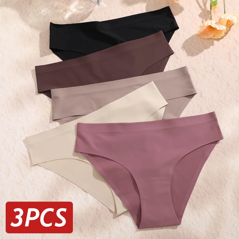 3PCS/Set Seamless Pantie For Women Low Rise Briefs 9 Solid Colors Ultra Thin Underwear Ice Silk Breathable Underpants Female