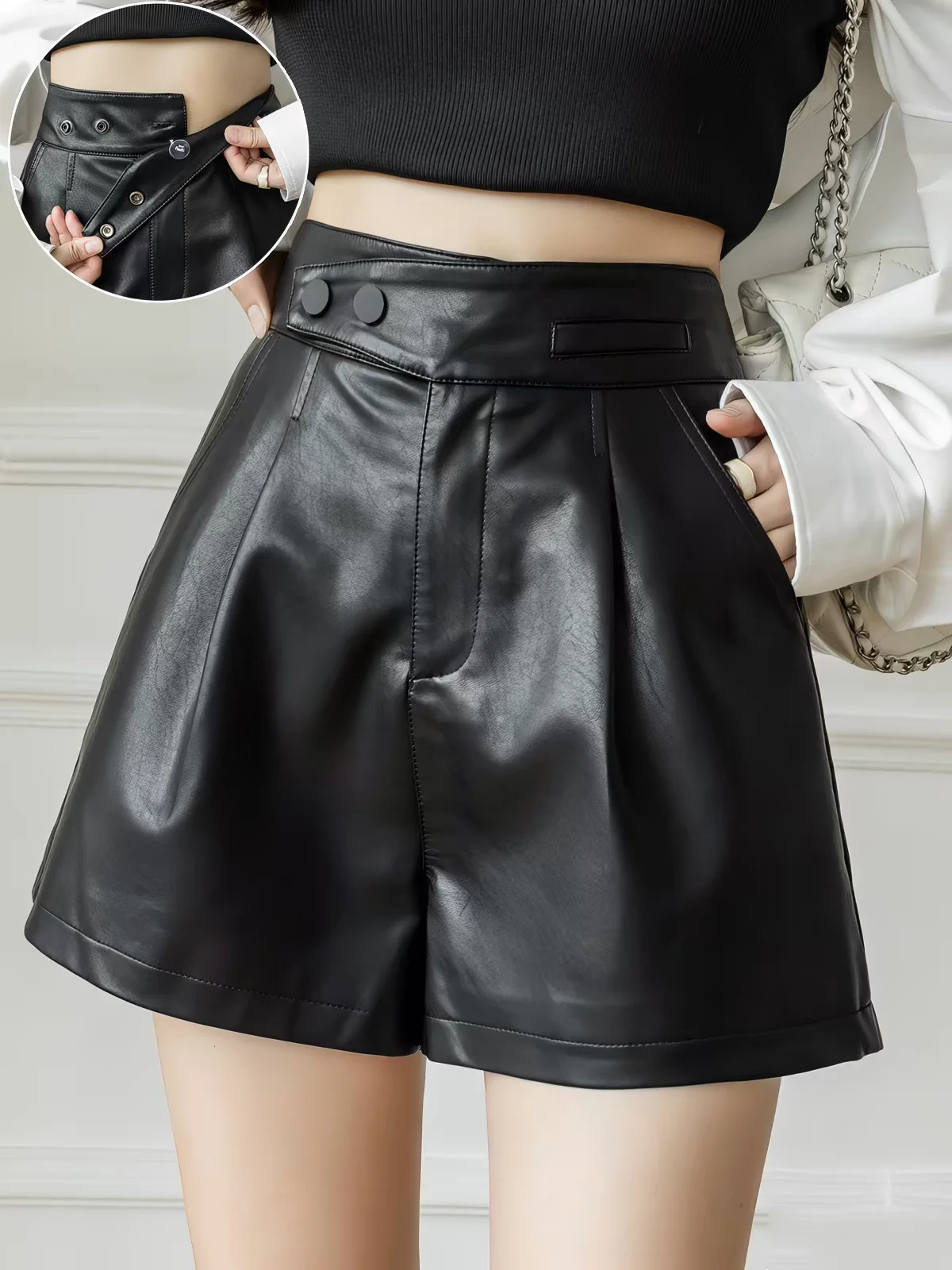 Trendy 2026 Autumn High Waist PU Leather Wide Leg Shorts for Women, A-Line Casual Shorts, Petite Friendly, Perfect with Boots