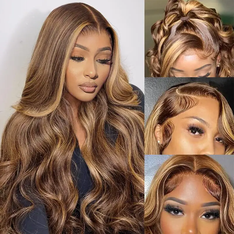 Ombre Lace Front Wig Human Hair 4/27 13x4 Body Wave Highlight Lace Front Wig Pre Plucked With Honey Blonde Wig 200% Density