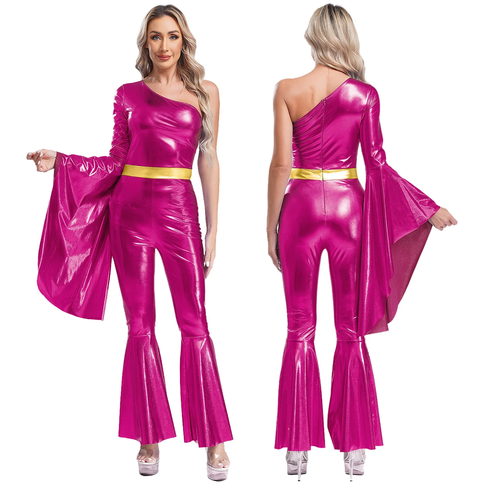 Womens 70S Disco Vintage Jumpsuit Metallic Glanzende Flare Mouw Romper Hippie Bell Bottom Jazz Dance Carnaval Rave Party Kostuum