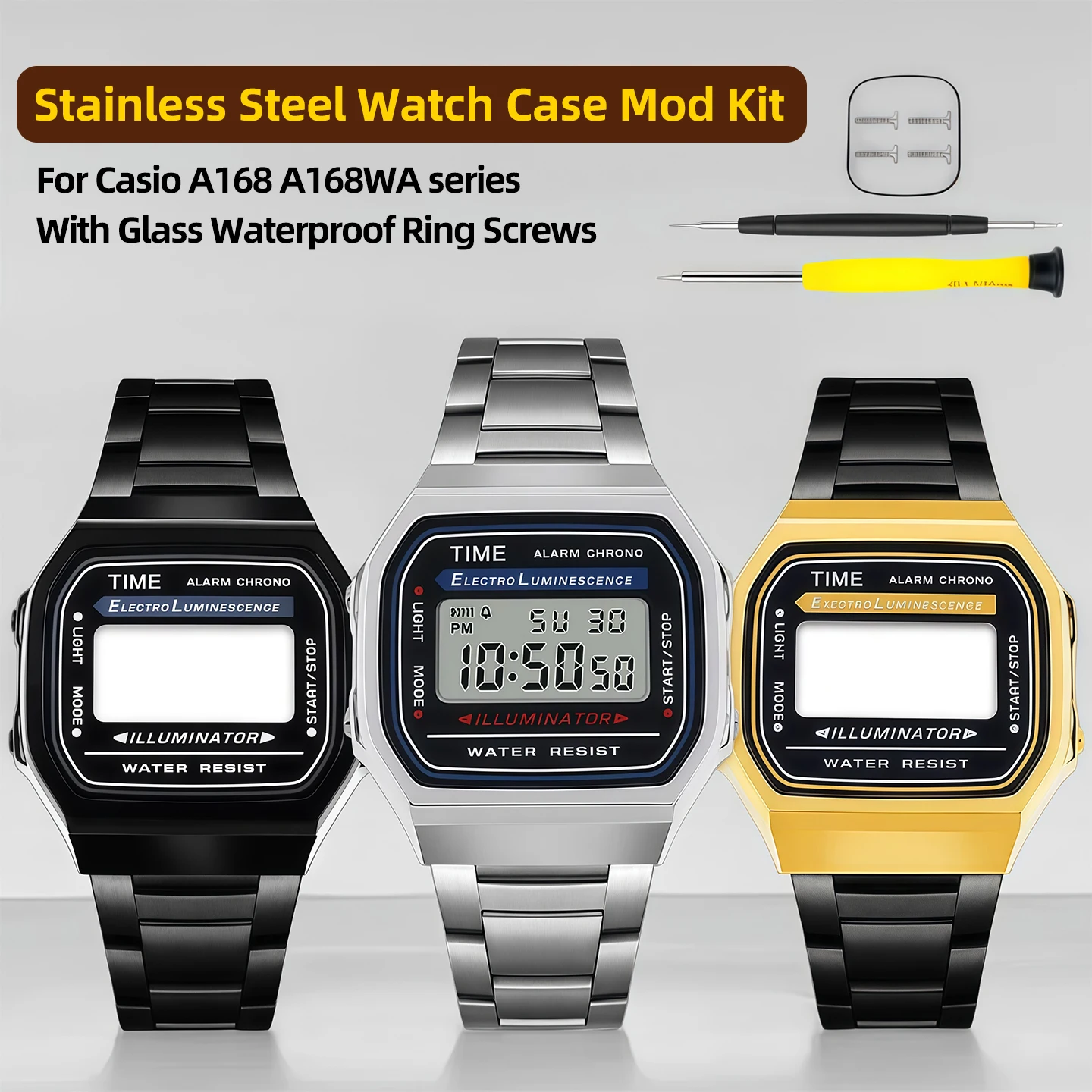 Edelstahl-Uhrengehäuse-Mod-Kit für Casio A168WA mit Glas, wasserdichtem Ring, Schrauben, Vollmetallgehäuse-Ersatzteilen.