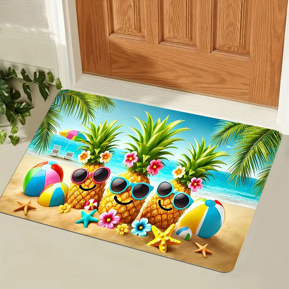 2D Colorful Tropical Pineapple Beach Pattern Doormat, Non-Slip Polyester Entrance Rug, Machine Washable, Soft and Comfortable,