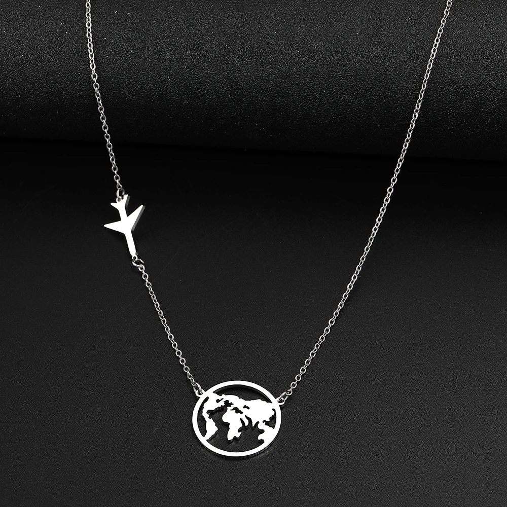 Stainless Steel Necklaces Airplane Globe Map Traveler Pendants Fashion Choker Chains Charms Male Necklace For Women Jewelry Gift