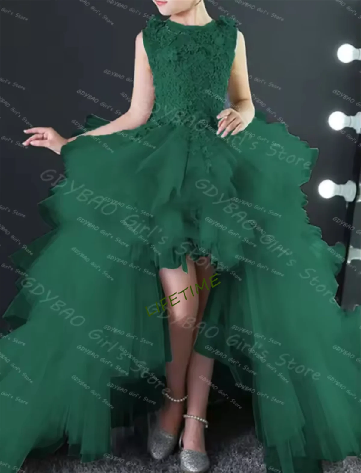 CustomizedHigh-Low Tiered Princess Pageant Dress Lace Applique Tulle Flower Girl & Birthday Gown for Weddings  Girls Adjustable