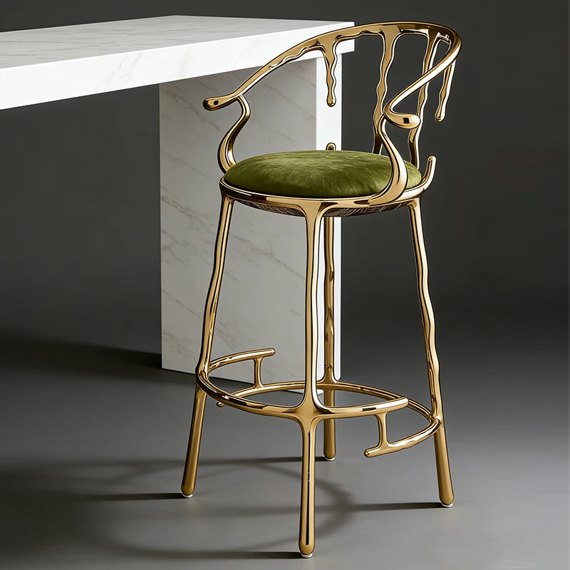Artistic Dripping Brass Modern Eco-Friendly Bar Chair Olive Green Velvet Seat High-End Counter Stool Restaurant Luxury Interior