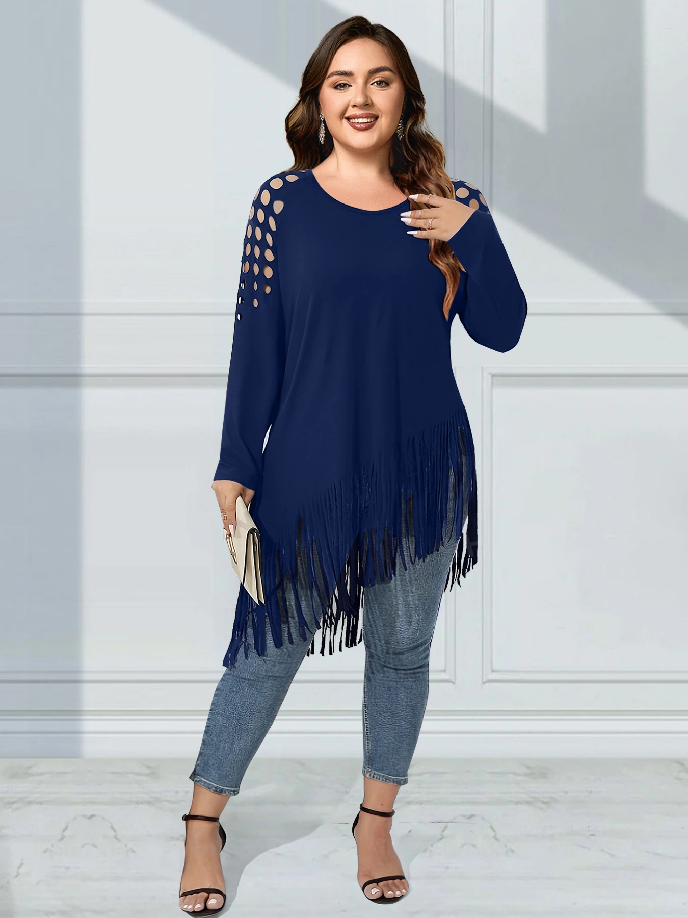 Women Asymmetric Tassel T-Shirt Plus Size Hollow Out Round Neck Solid Casual Vintage High Street Autumn Tee Tops for Women 2024