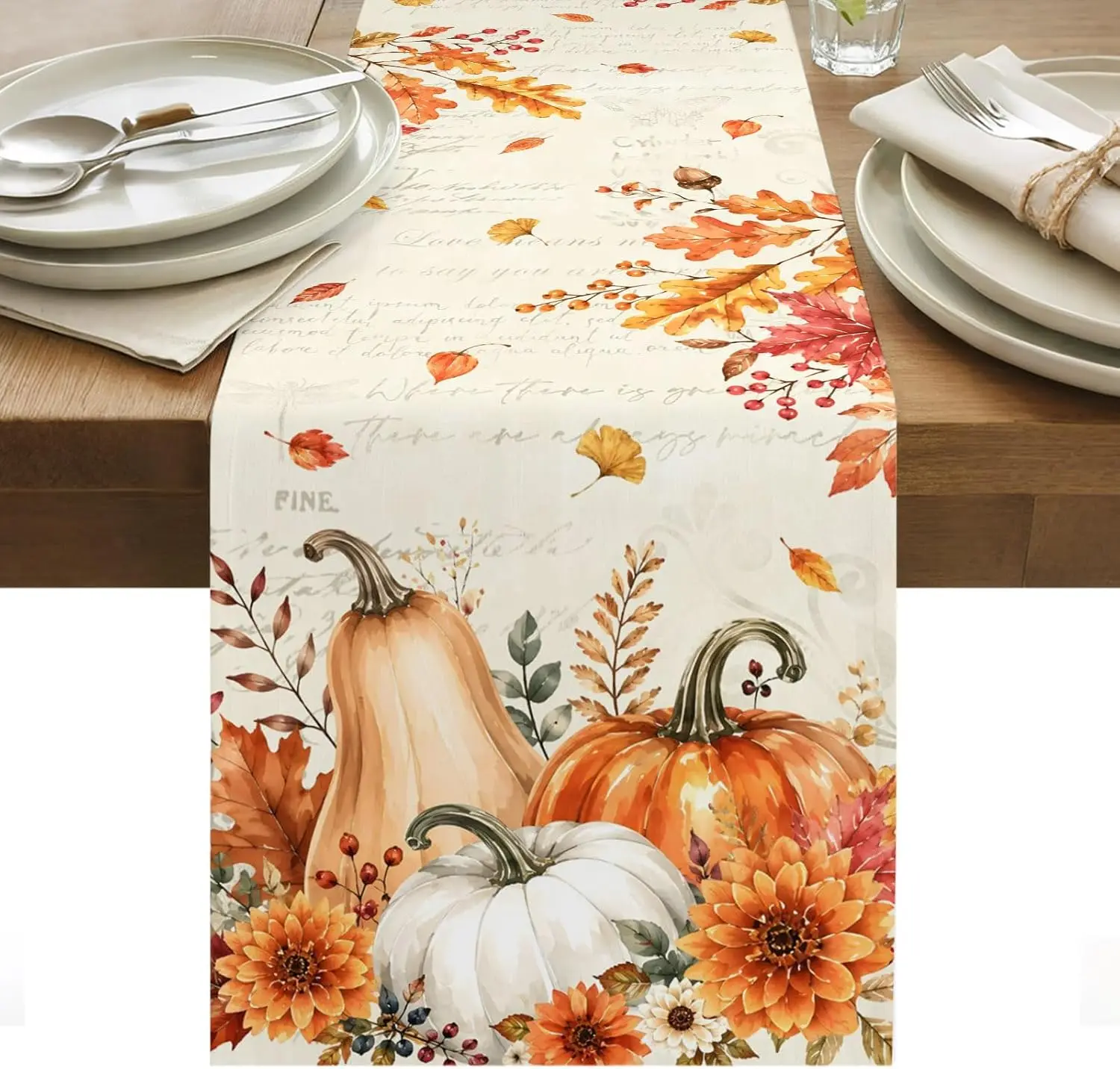 Image of Herbst-Erntedeko Kürbisse Ahornblatt Blumenmuster Leinen Tischläufer Party-Dekoration Wiederverwendbarer Küchen-Esstisch-Läufer Herbstdekoration