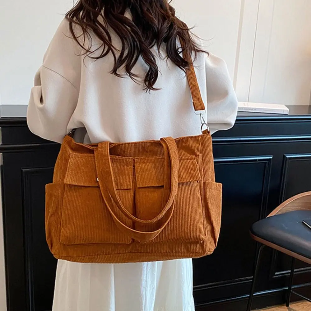 

Trendy Large Capacity Corduroy Tote Bag Vintage Pure Color Multi-pocket Shoulder Bag Handbag Elegant Casual Underarm Bag Girls