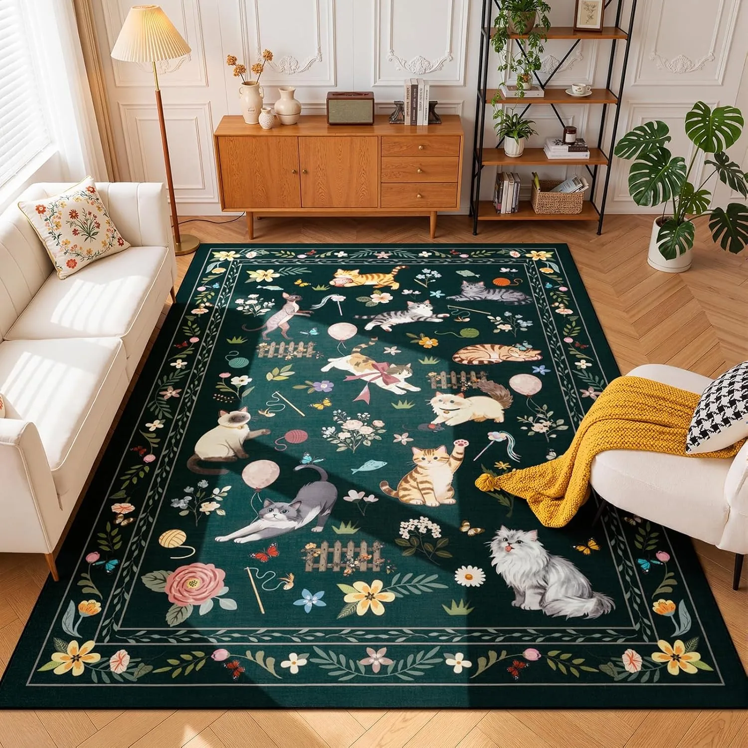 Whimsical Forest Cats Area Rug Floral Border Garden Scene Floor Mat Artistic Non-Slip Carpet for Cozy Living Room Bedroom Decor