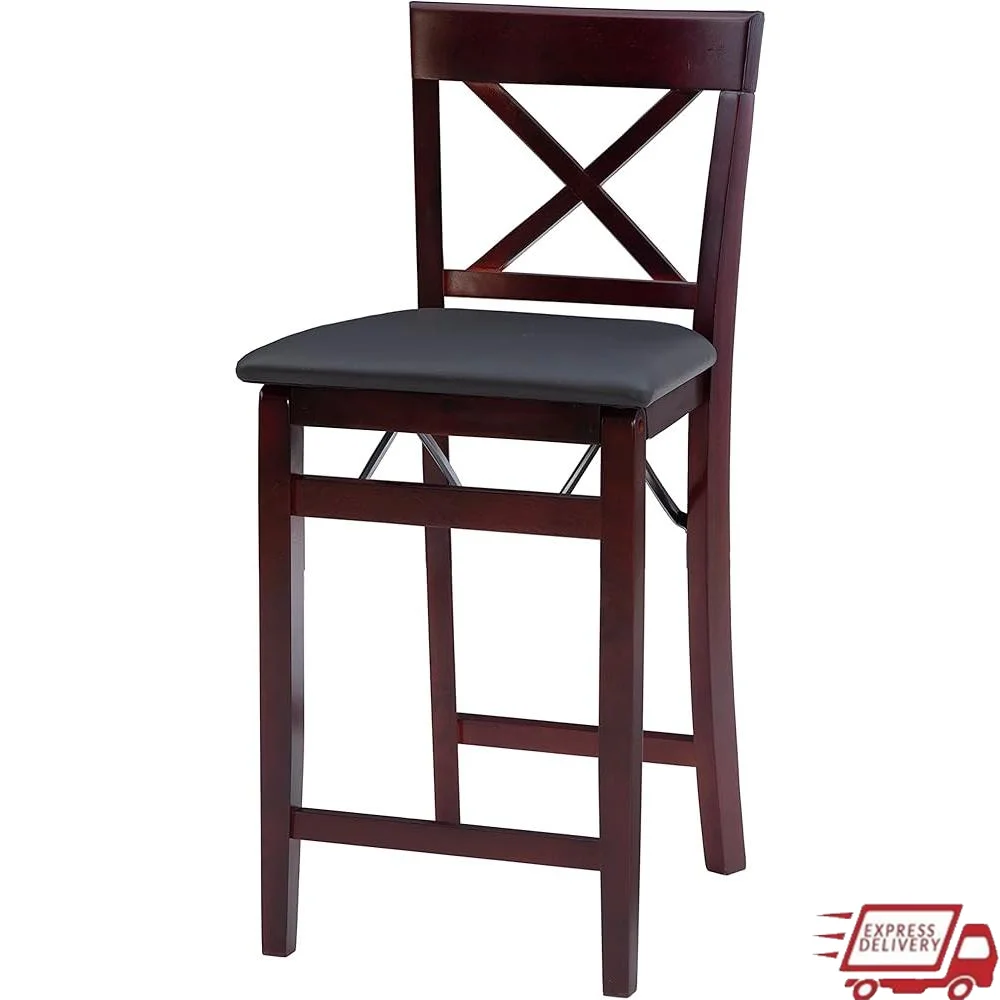 Folding Counter Stool with Padded Seat and X Back Design Kitchen Dining Room Space Saving Extra Seating