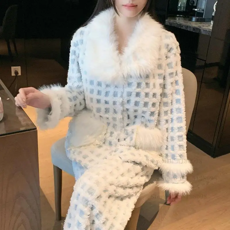 

Плюшевый пижамный комплект из кораллового флиса, осенне-зимняя новая женская одежда для сна, брючные пижамные костюмы, милая милая домашняя одежда, фланелевая одежда для отдыха