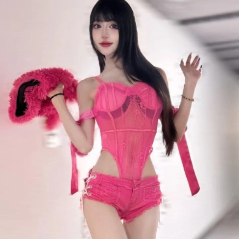 レディース セクシー ローウエスト ホローアウト デニム ショートパンツ Y2K スパイシーガール レースアップ ショートパンツ ナイトクラブ DJ ポールダンス DS イチャイチャ ユニフォーム