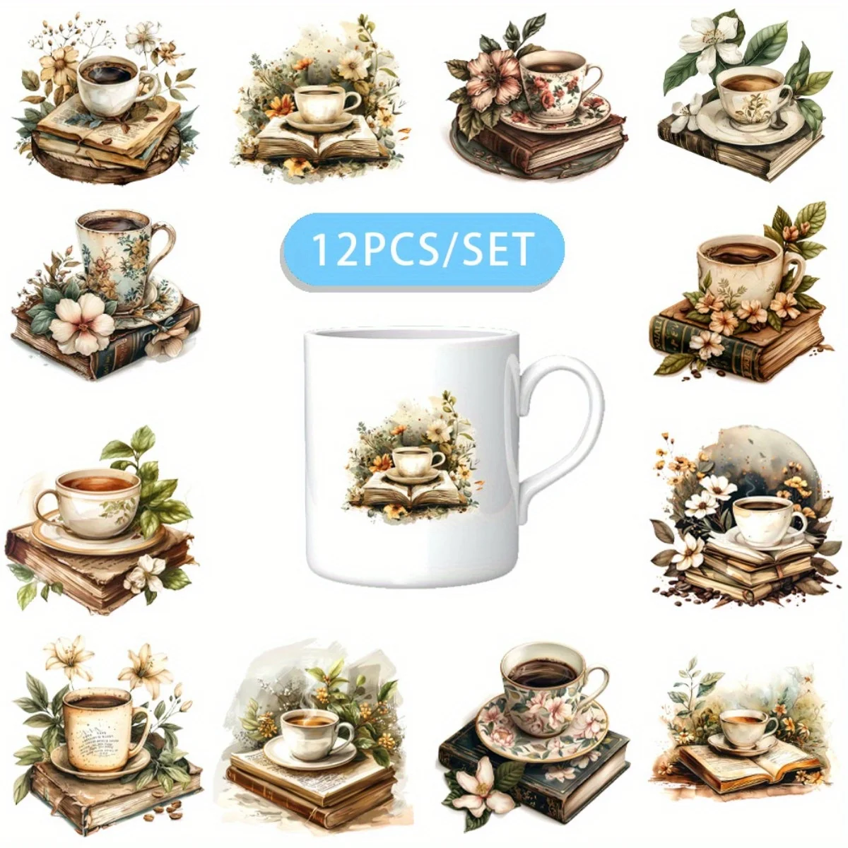 12 Stück/Set Vintage Teeparty-Bücher DIY Skinny Tumbler Dekorative Transferfolie UV DTF Hochhaftende Wickelfolien