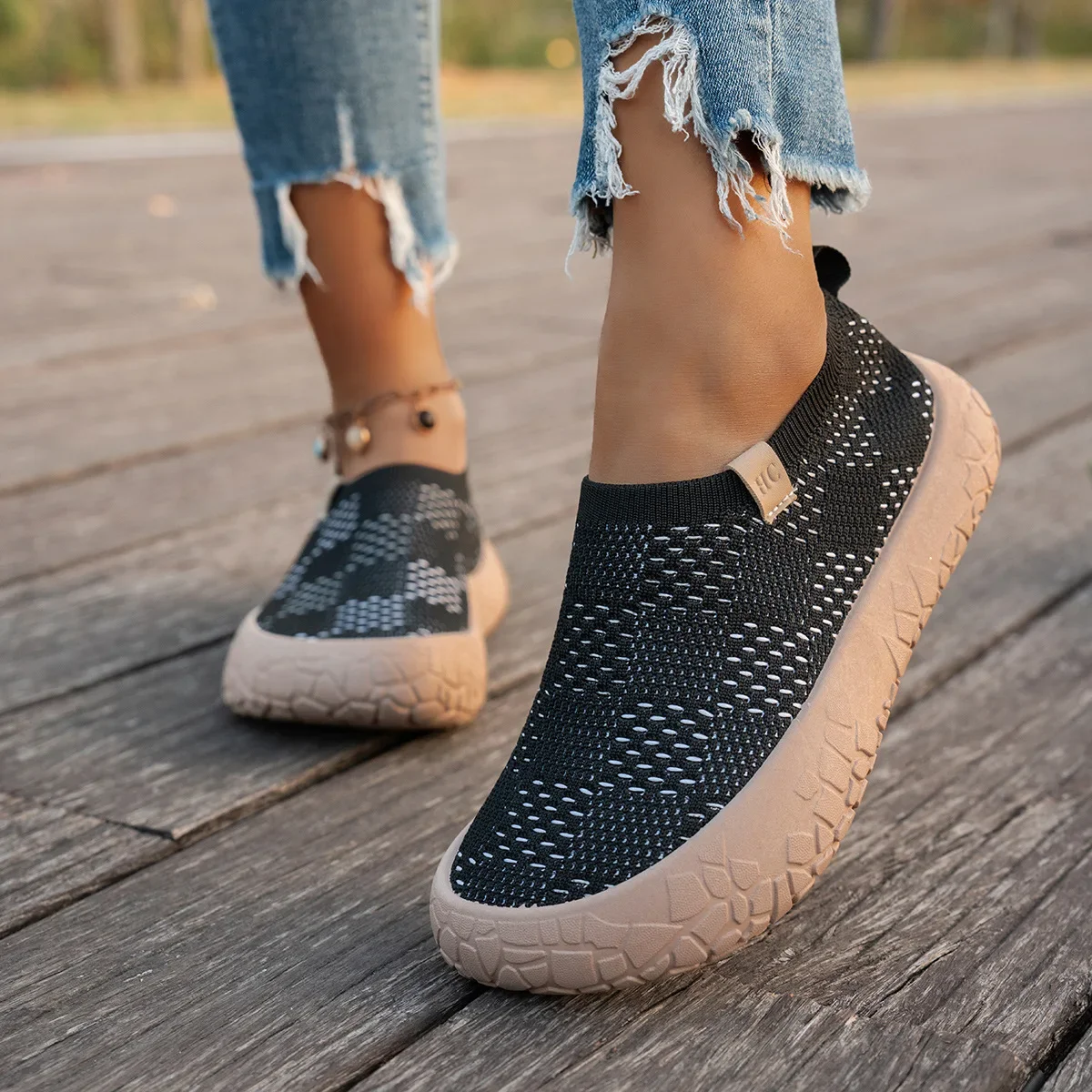 Atmungsaktive Damen-Slip-On-Sneaker mit Plateau, dicker Gummisohle, leicht, rutschfest, für Outdoor, Walking, Alltag und Freizeit – Detail 9
