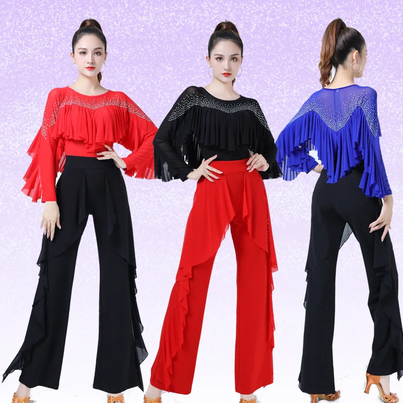 Ruffle Ballroom Latin Dance Top Dames Strass Bezaaid Standaard Nationale Moderne Dans Training Prestaties Sexy Danskleding