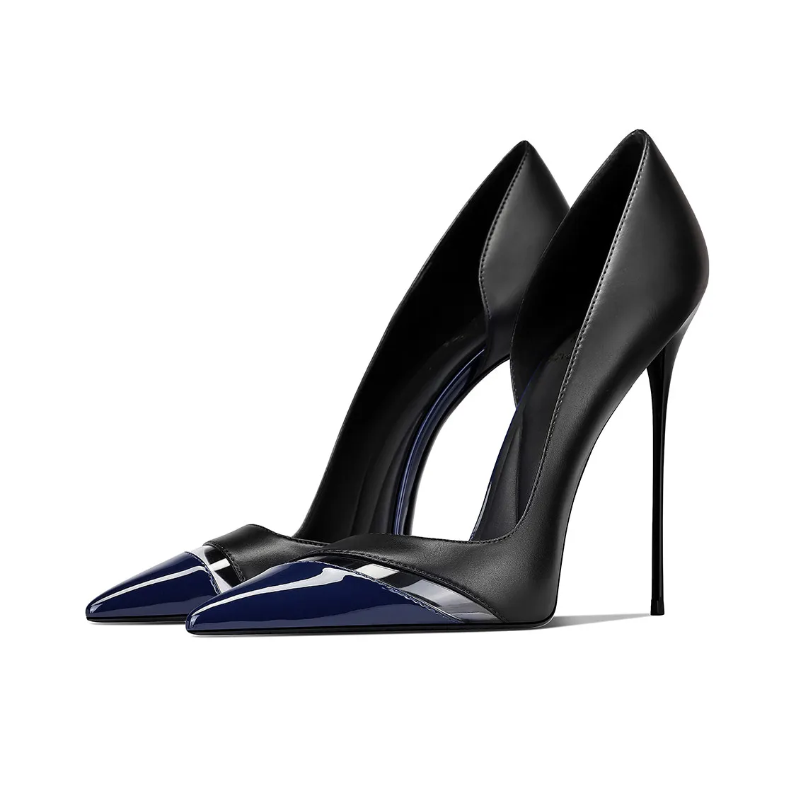 

Новые темно-синие туфли на высоком каблуке с заостренным носком и декоративными вставками, с вырезами по бокам, для женщин, обладающих изысканным вкусом и ощущением роскоши.