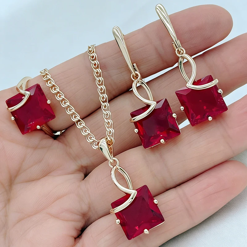 

Kinel Hot Shiny Red Natural Zircon Jewelry Sets for Women Fashion 585 Rose Gold Color Ring Earrings Necklace Daily Fine Jewelry