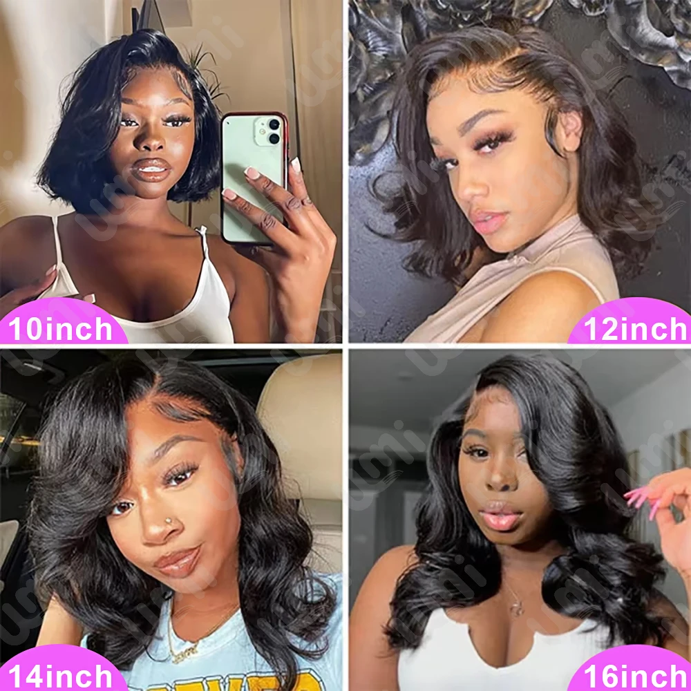 Umi 13x4 HD body wave Bob Wig Transparent Lace Front For Women Brazilian Remy 230% Density 100% Human Hair 12-16 Inch Wear to go
