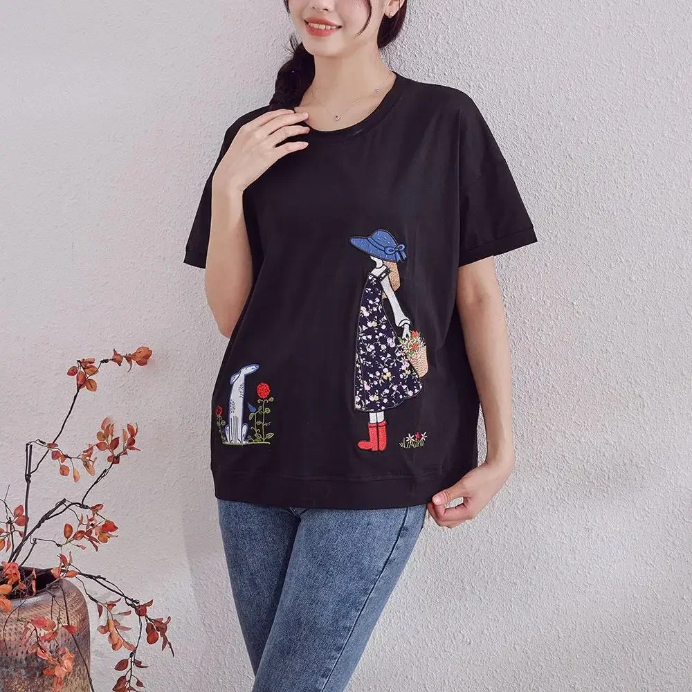 DIMANAF 2024 Summer New T-Shirt Women Fish Embroidery Printing Loose Casual Basic O-Neck Tops Black