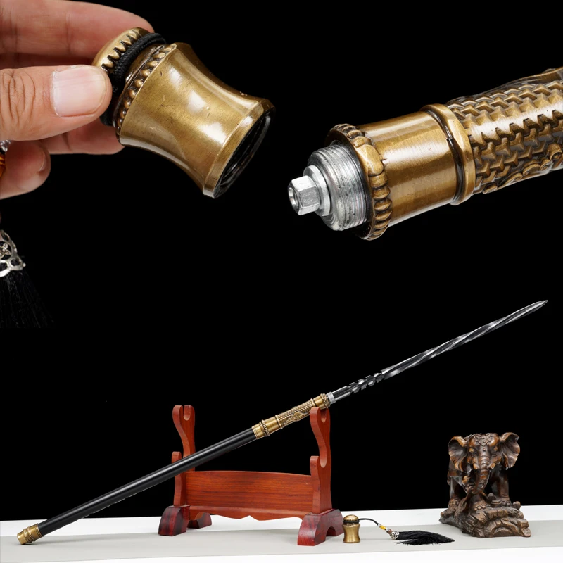 Chinese Staff Sword Bronze Colored Flute Cone Hidden Spear Twisted Spiral Manganese Steel Full Tang Warrior Katana Home Decor