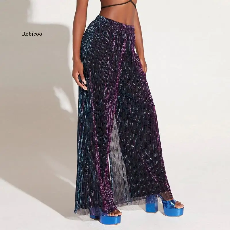 Fashion Glitter Bronzing Wire Double Layer Wide Leg Straight Mid Waist Pleated Pants for Women 2022 Holiday Casual Trousers