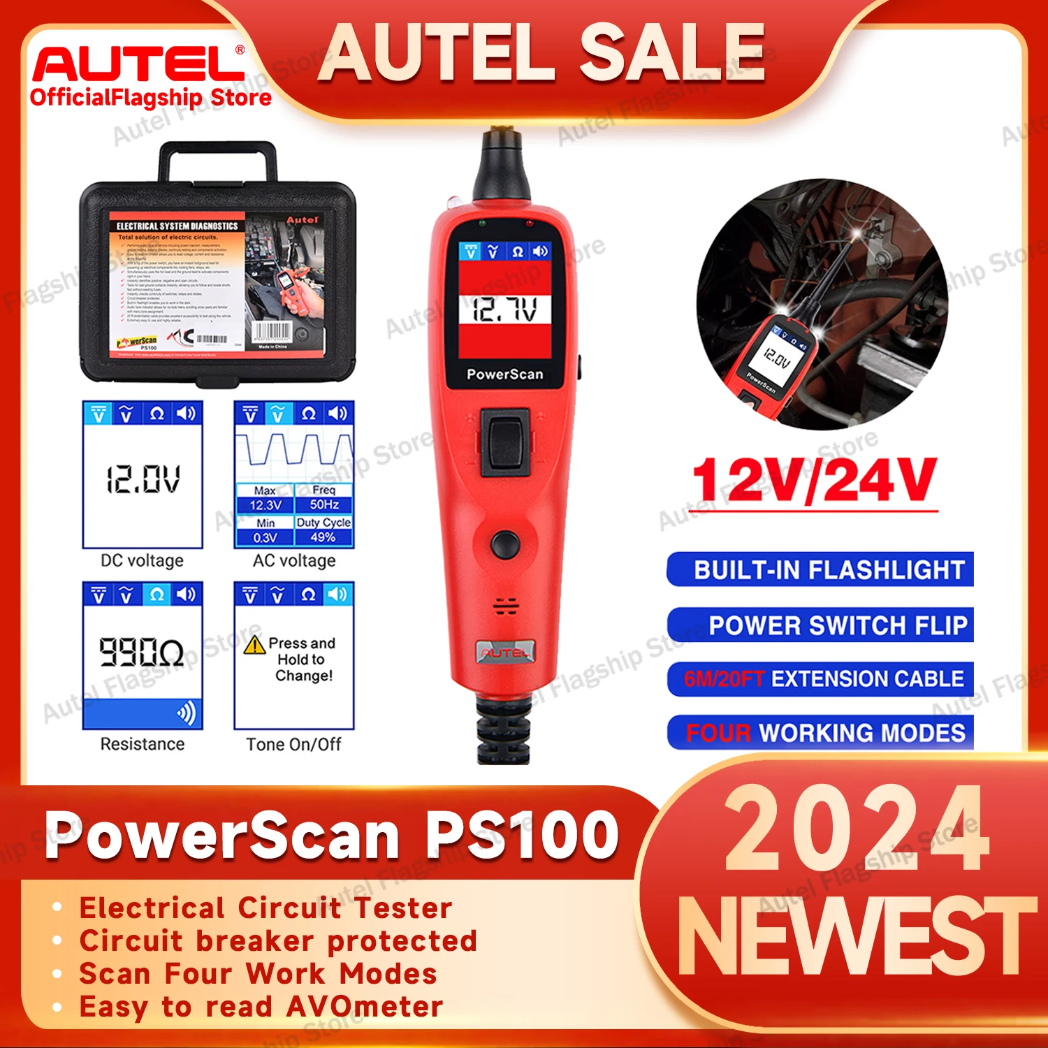 2024 Newest Autel PowerScan PS100 Electrical System Diagnosis Tool Circuit AVOmeter Tester With Flashlight Four Work Modes