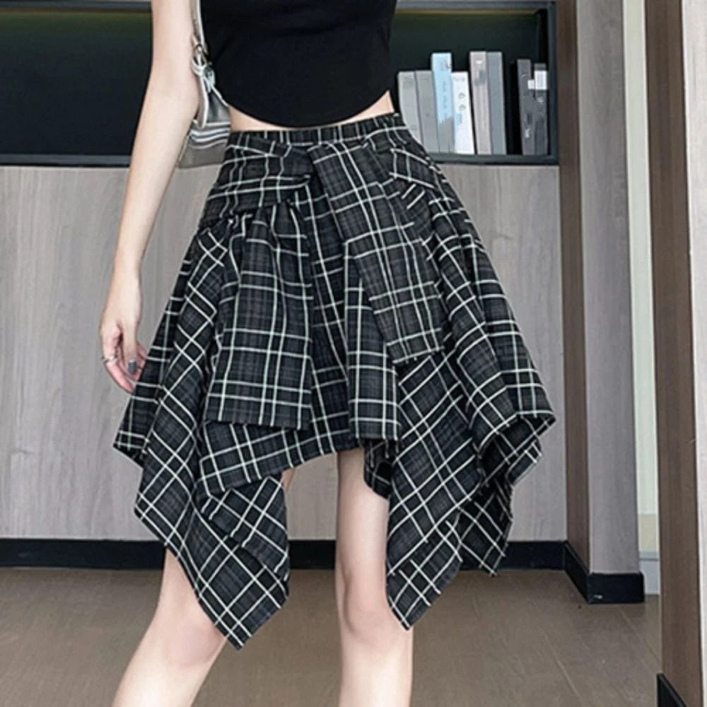 

Fashion Irregular Plaid Shirts Skirt A-line Lace-up Fake Two-piece Skirts High Waist Spicy Girl Style Plaid Shorts Skirt Female