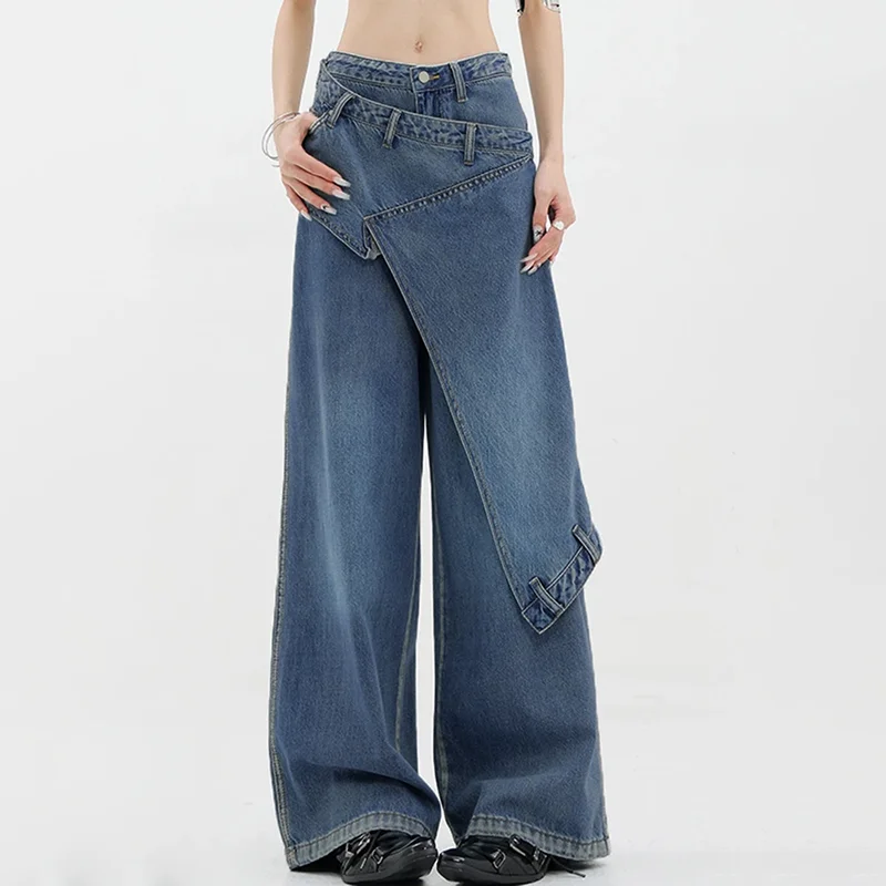 BPN Casual Loose Wide Leg Jeans For Women High Waist Soild Minimalist Asymmetrical Denim Trousers Female Fashion Clothing New