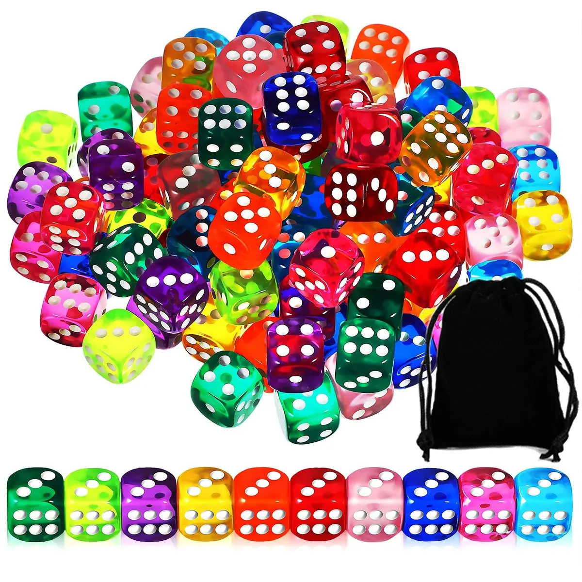 30Pcs 14mm Acrylic Dice with Colored Pips – High-Transparency Design, Includes Black Drawstring Pouch, Great  ZSY
