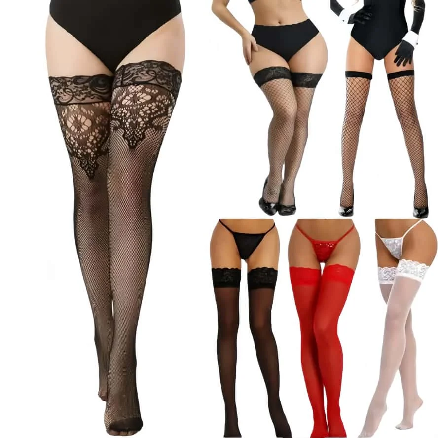 Plus Large Size Elastic Lace Sheer Sexy Thigh High Girls Stockings Anti-slip for Oversized Women Gothic Fishnet Long Socks XXXXL