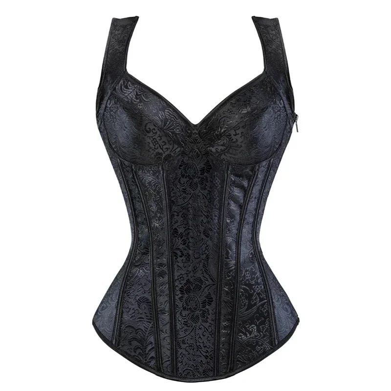 Sexy Women Corset with Straps Black Overbust Corset Plus Size Floral Jacquard Corsets Zipper Top Gothic Steampunk Corset Bustier