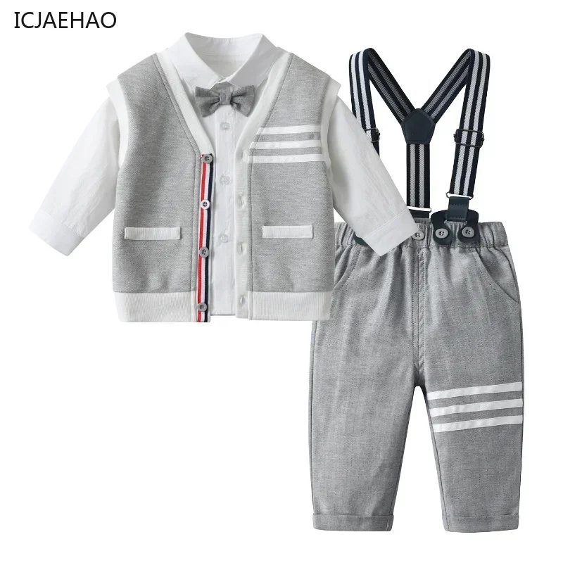 

ICJAEHAO 2024 Autumn Gentleman Boys Suit Long Sleeve Bow Tie Shirt Vest Overalls Birthday Party Clothes Sets for Newborns Baby