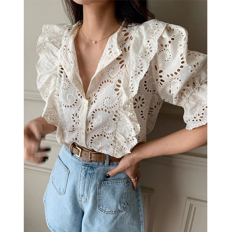 Nomikuma Korean Chic 2024 Summer French Chic Hollowed Out Hook Flower Versatile Ruffle Edge Puff Sleeve Shirt for Women