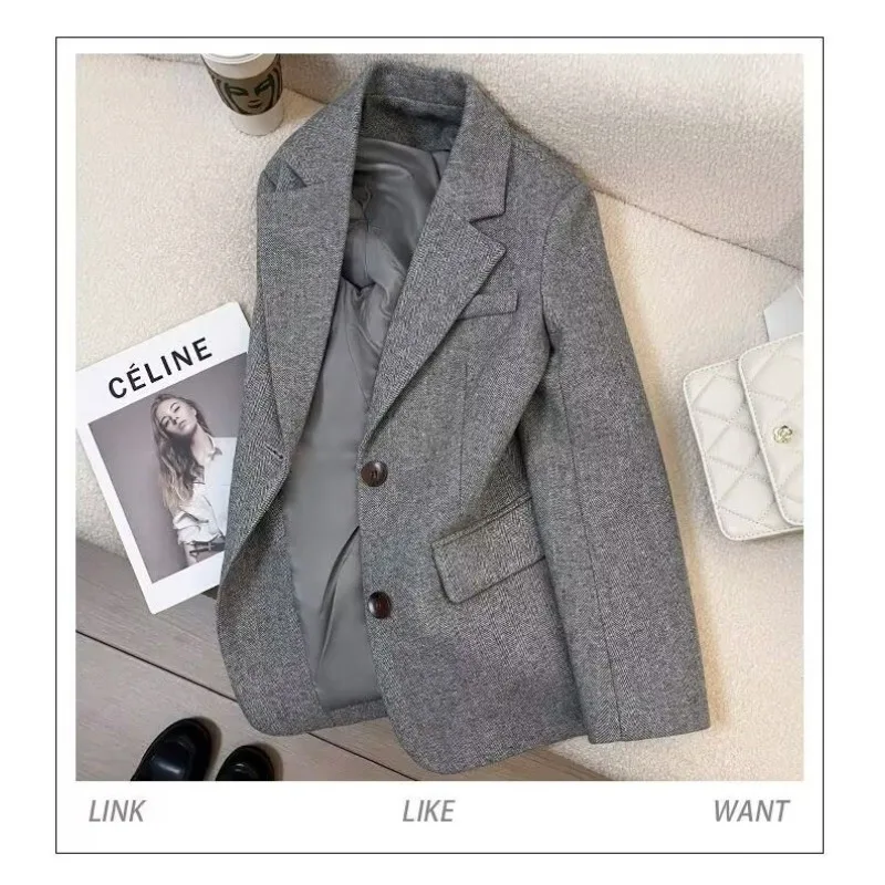 High-end fashion Grey Herringbone Blazer Women's 2026 New Fashionable sophisti Autumn and Winter Small Retro Commuter Casual Top
