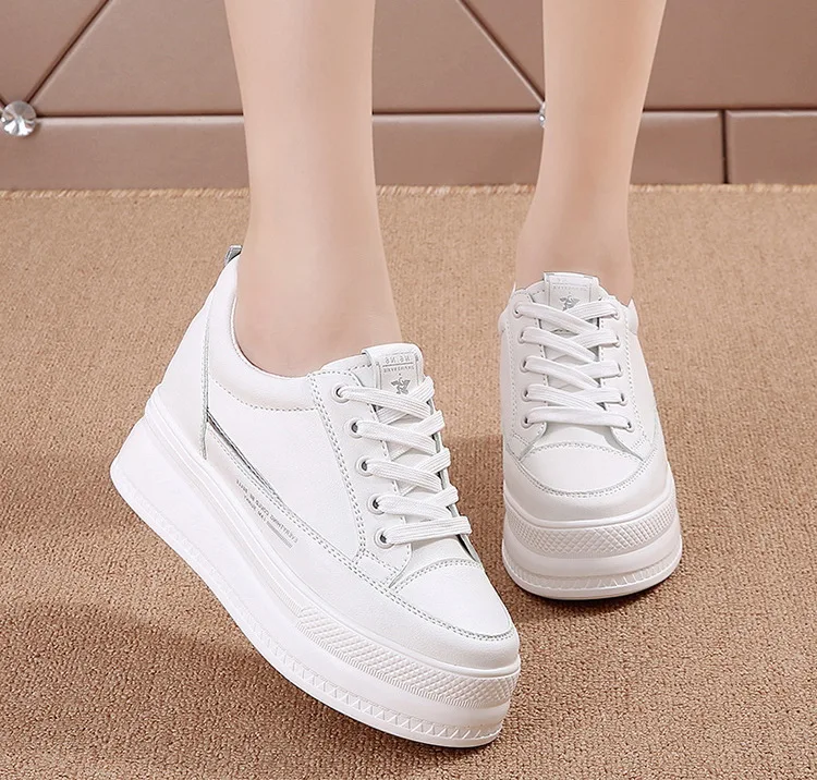 Women Casual Shoes White Chunky Sneakers Skateboard Lady Leather Sports Leisure Footwear 7cm Platform Wedge Hidden Heel Shoes