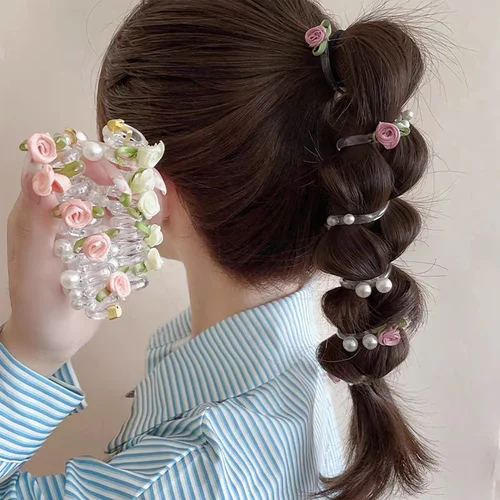 Imagen 2 del producto Diadema de línea telefónica con cuentas rosas, coleta atada encantadora, diadema de cuerda para el cabello trenzada, banda de goma de alta elasticidad, tocados de perlas