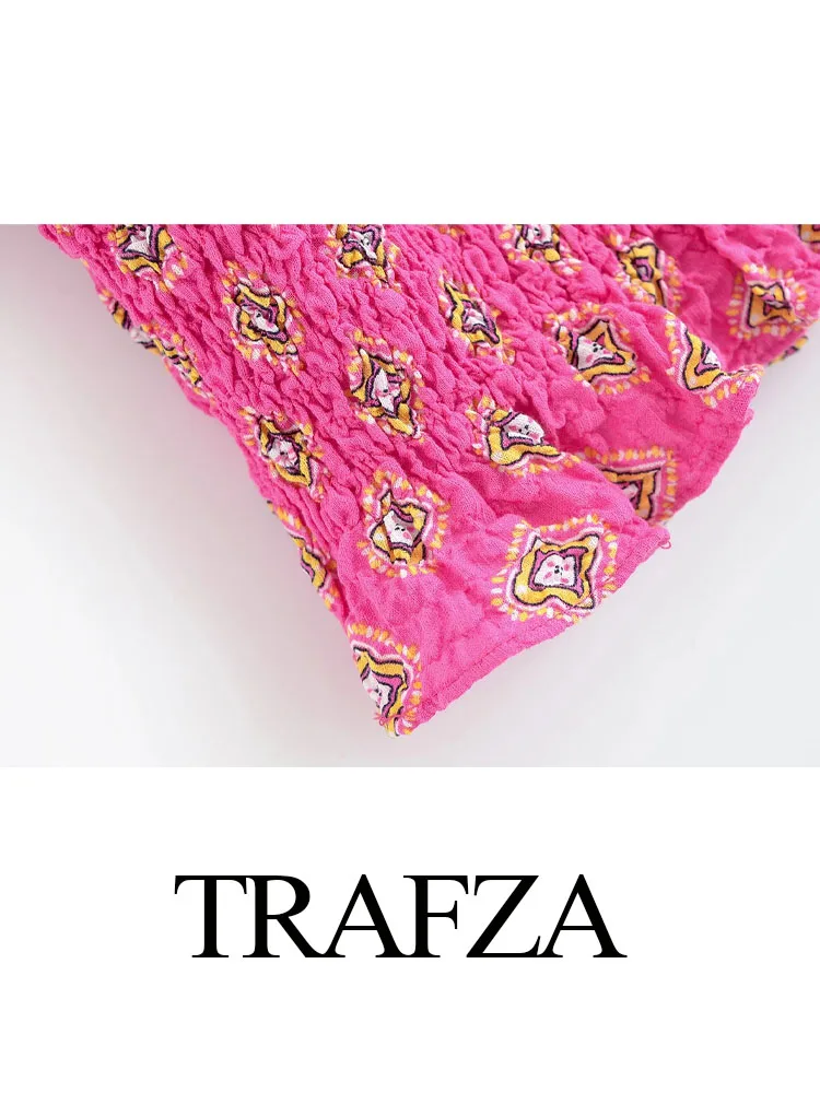 

TRAFZA Women Fashion Printed Skirt Set Chic Sleeveless V-Neck Lace-up Decoration Top+Pleated High Waist Zipper Midi Skirt