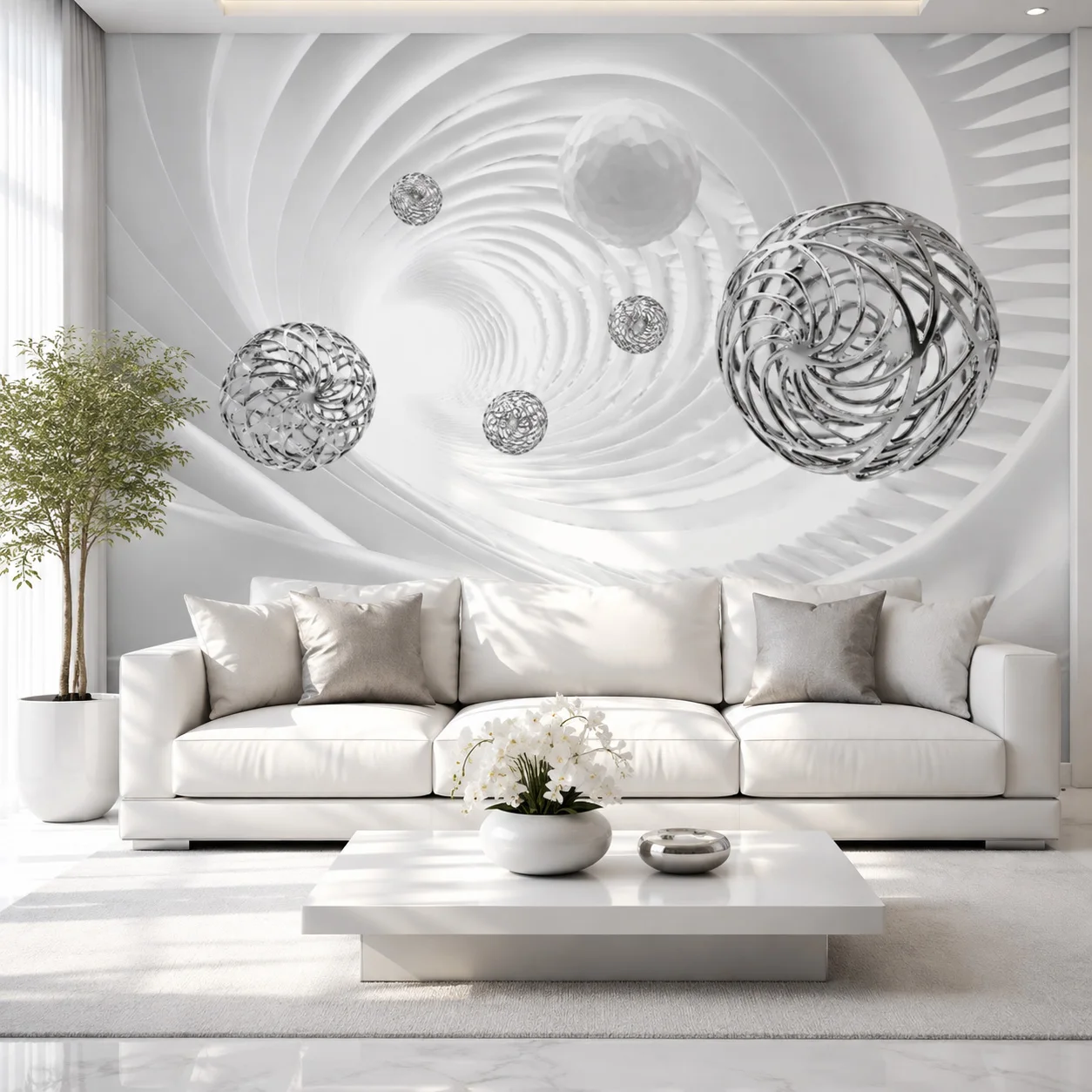 3D White Spiral Tunnel Wallpaper Mural Silver Geometric Sphere Wall Art Modern Living Room Decor Non Self Adhesive Requires Glue