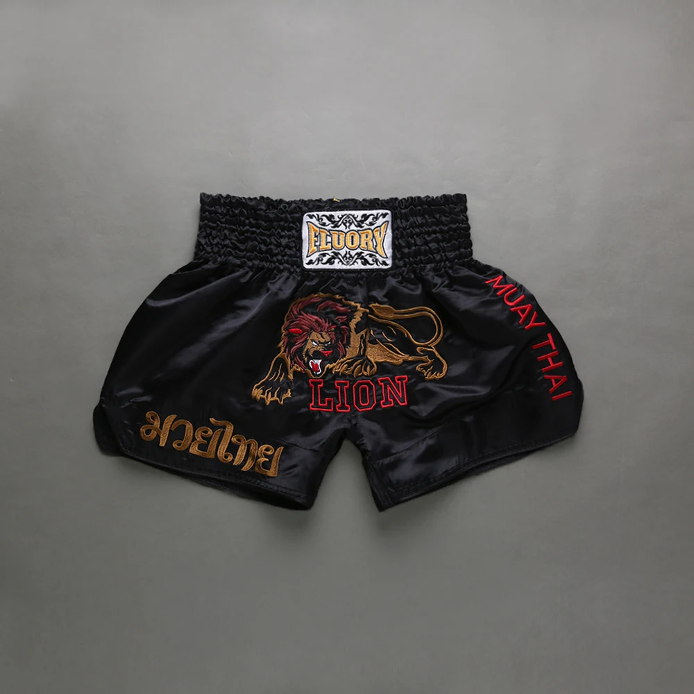 Fluory Boxing Shorts Solid Color Embroidery Lion Muay Thai Shorts