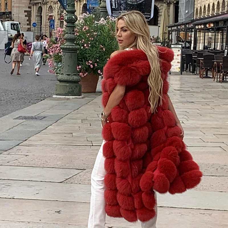 Sleeveless Hooded Natural Fox Fur Vest Jacket Women High Street Over Knee Outertwear Winter Luxury Genuine Fox Fur Coat Female