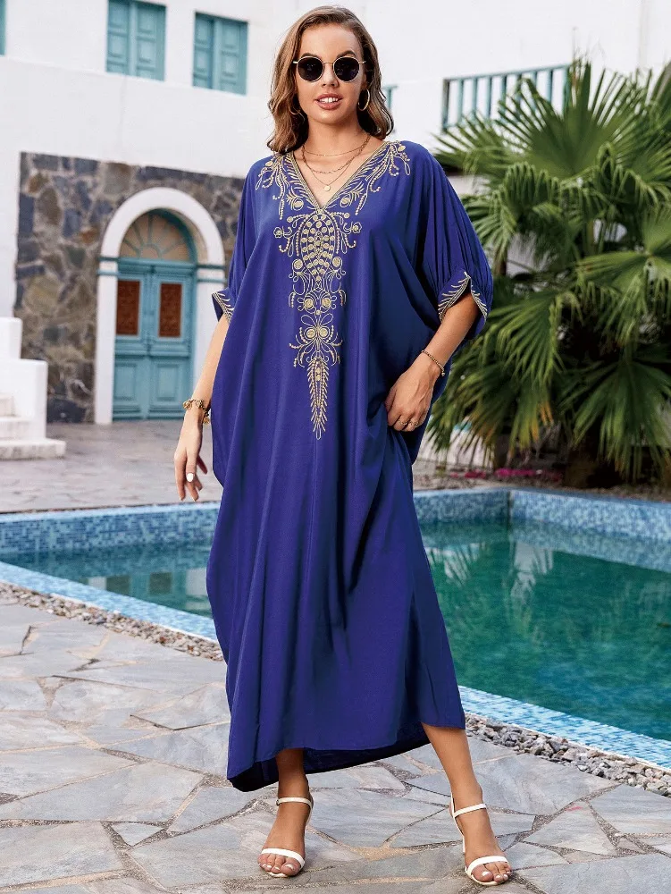 Robe de plage bleu marine avec broderie florale, élégante, cover-up pour les maillots de bain, vêtements de plage pour les vacances, 2023