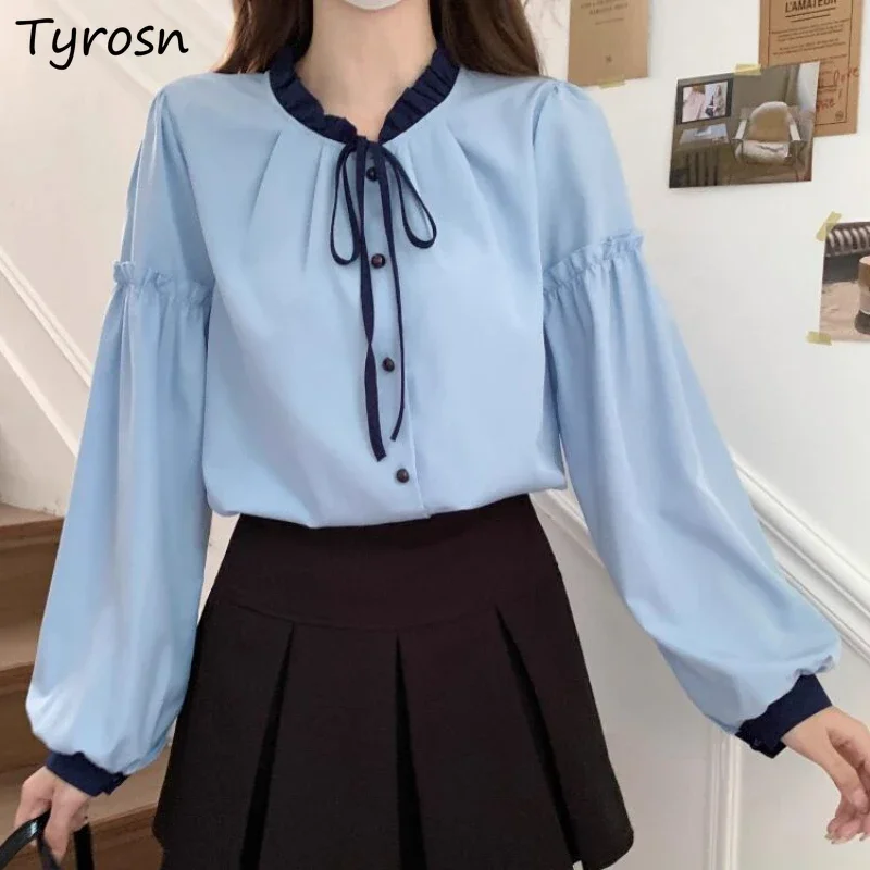 Francês doce camisas femininas o-pescoço rendas puff manga retalhos all-match estilo preppy topos jovem blusas macias feminino ins