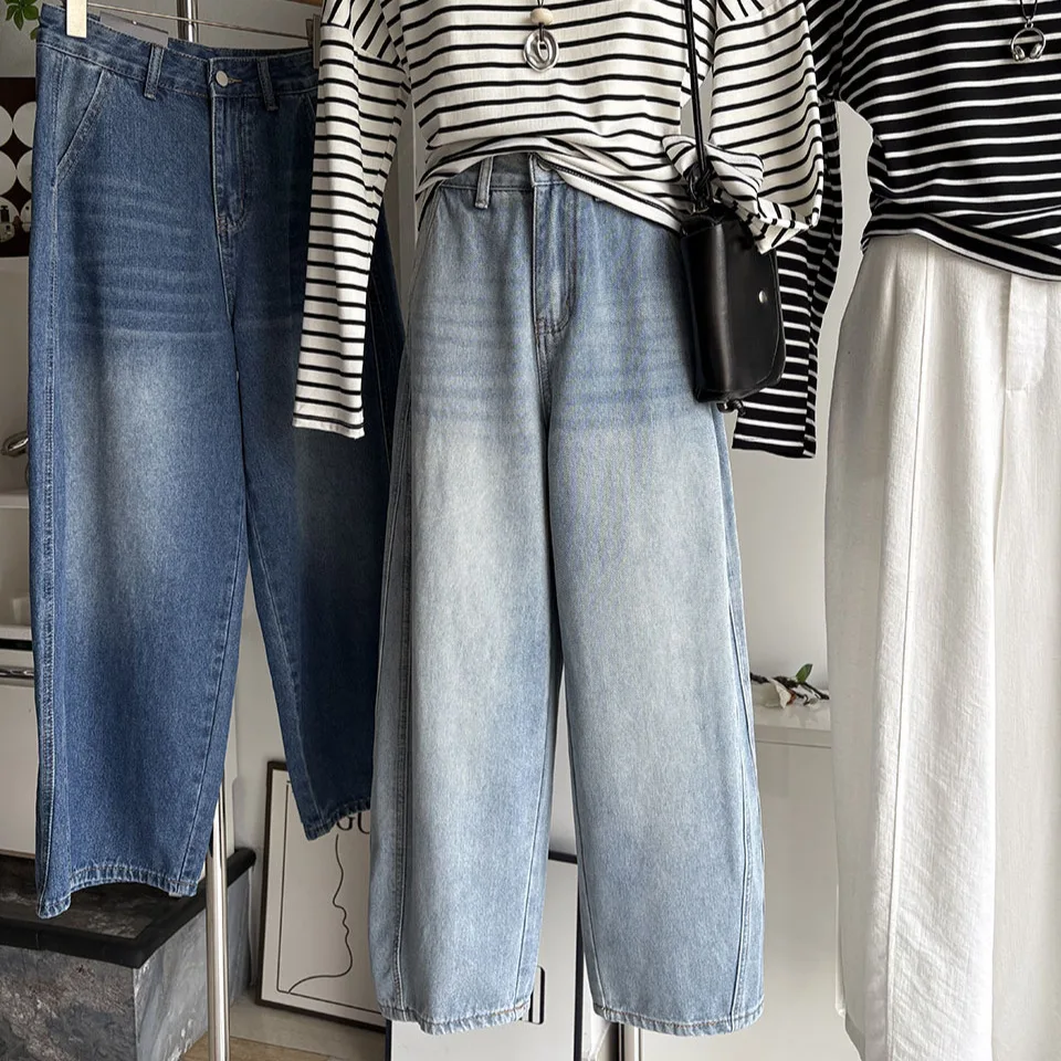 High Waist Dad Jeans Women's Autumn Small Size Hip Covering Loose Pear Shape Light Color Nine Points Knife Pants