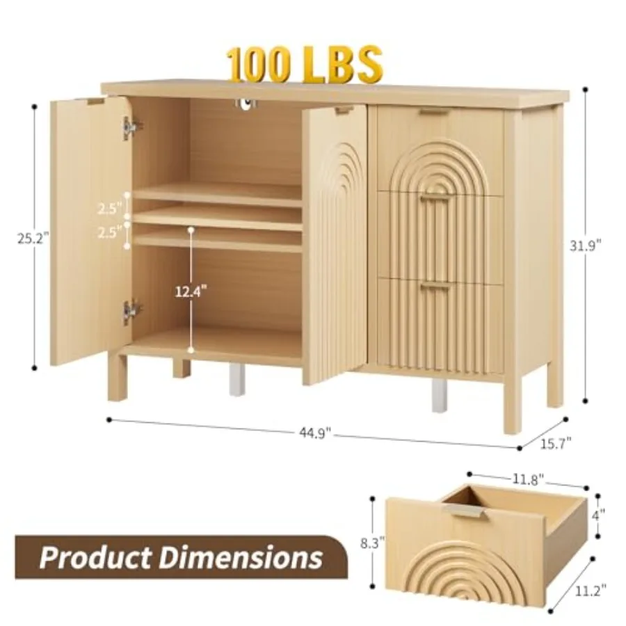 Sideboard Buffet Cabinet for kitchen or living room entryway engineered wood in walnut finish with fluted texture, featuring dr