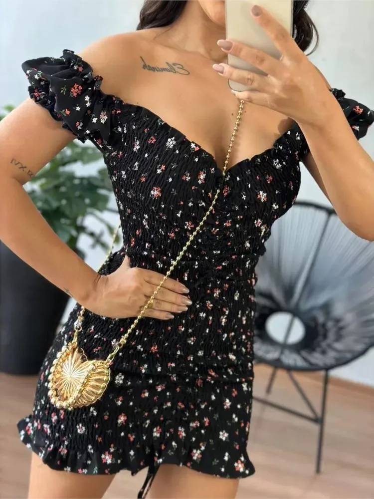 2024 Summer New Slim Mini Floral Dress Women Sexy V-neck Backless Ruffles One Shoulder Dresses Female Fashion Commuting Clothing