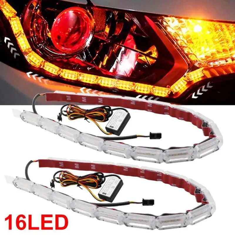 1/2PCS Flowing DRL LED Daytime Running Light Sequential Flexible 8-16LED Strip DRL Turn Signal Lamp for Car Driving Light 12V