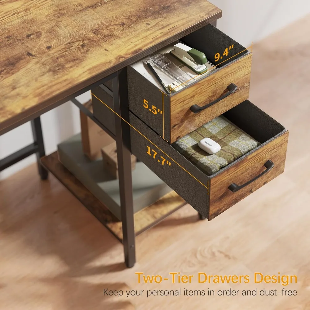 47 Inch Modern Home Office Desk with Drawers, Vintage Brown Study Writing Table, Sturdy PC Desk