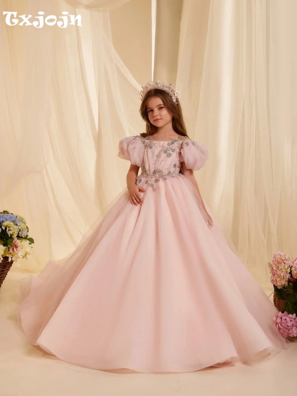 Pink Embroidery Beaded Lace Princess Gown For Gilrs Birthday Party Cute Sweet Bow Kids Dresses Children's Day Performance Wear