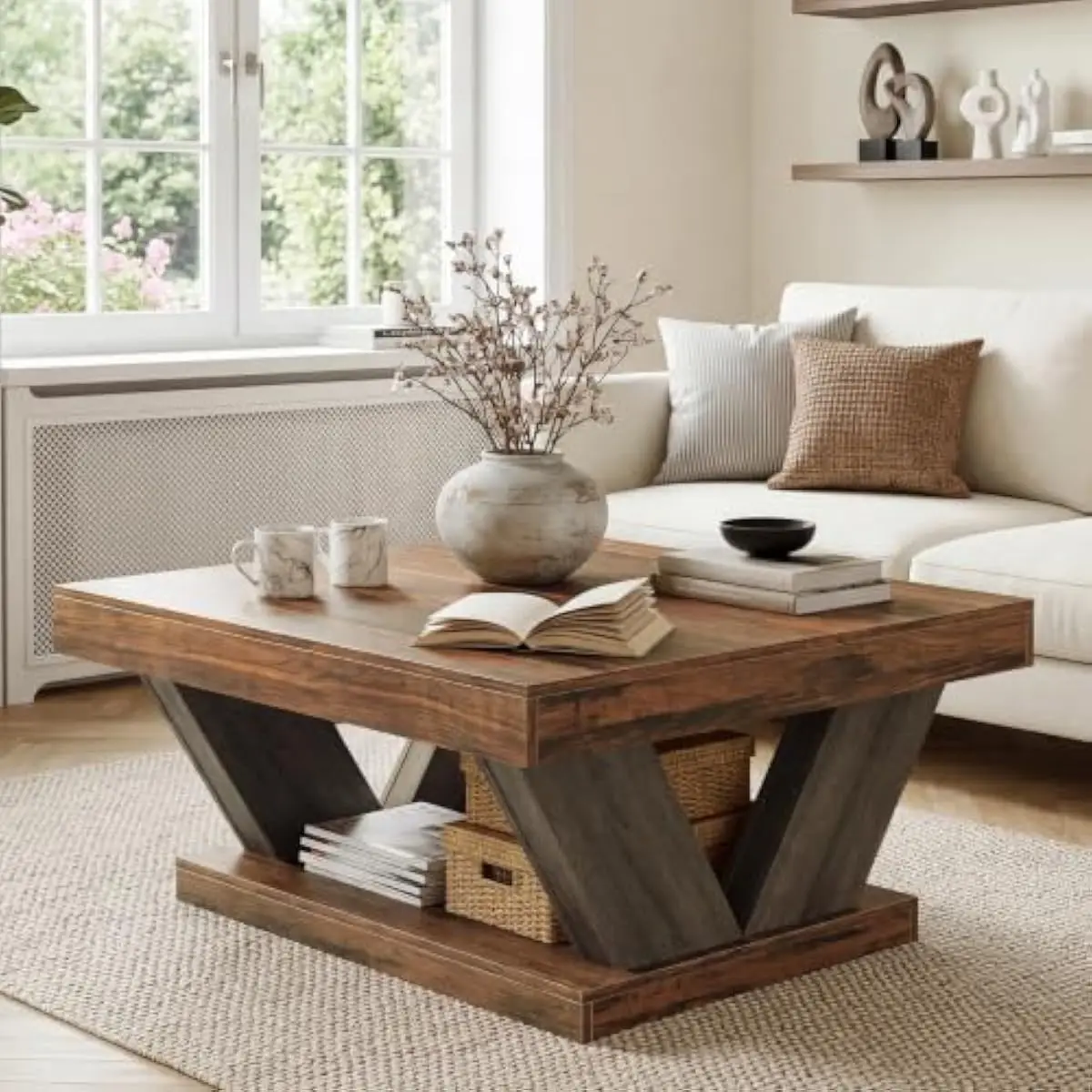 Rustic Two-Tier Living Room Table with Open Lower Shelf for Books and Decor • Square Engineered Wood Design in Black-Brown Finis